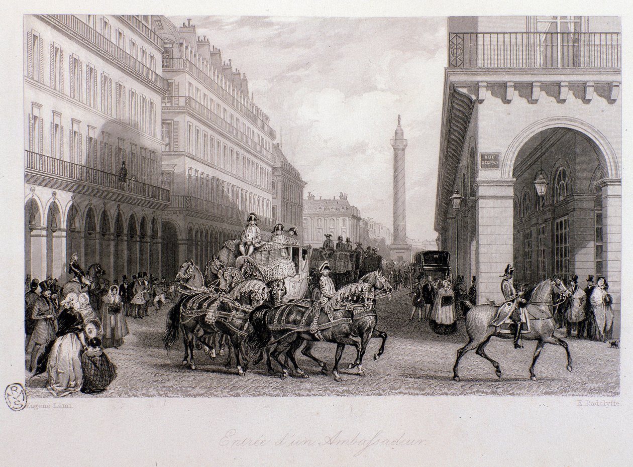Kortege eines Botschafters auf dem Place de la Bourse bei seiner Ankunft in Paris. Stich von Eugène Louis Lami (1800-1890) 1843 Privatbesitz von Eugene Louis Lami