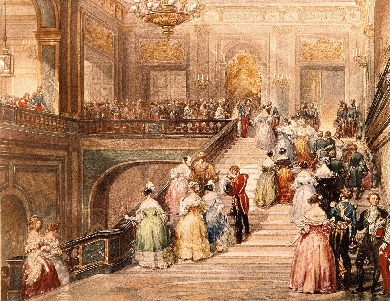 König Louis Philippe I. (1773 - 1850) und Königin Marie Amélie de Bourbon (1782 - 1866) empfingen die Gäste anlässlich der Eröffnung des Museums von Versailles im Jahr 1837. Illustration von Eugène Lami (1800 - 1890) von Eugene Louis Lami