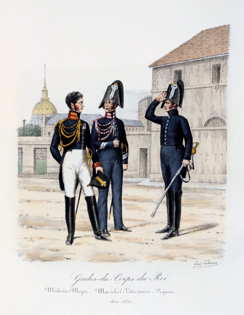 Gardes-du-Corps de Roi, Médecin-Major, Maréchal-Vétérinaire und Piqueur, 1820-30 von Eugene Titeux