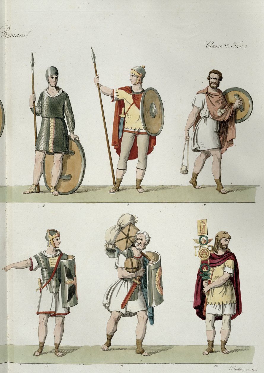 Römische Soldaten, (Detail) aus Tafel 2, Klasse 5 von Teil I der Geschichte der Nationen von Eugenio Bosa