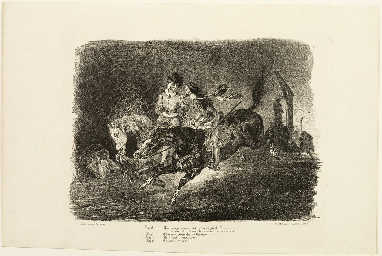Faust und Mephistopheles galoppieren durch die Nacht der Hexensabbat, aus Faust von Eugène Delacroix
