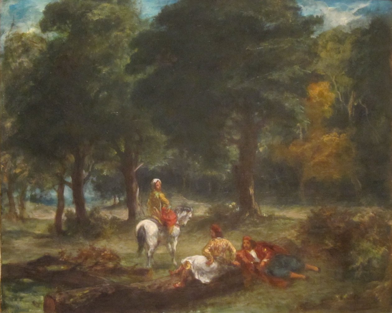 Griechische Kavalleristen ruhen im Wald von Eugène Delacroix
