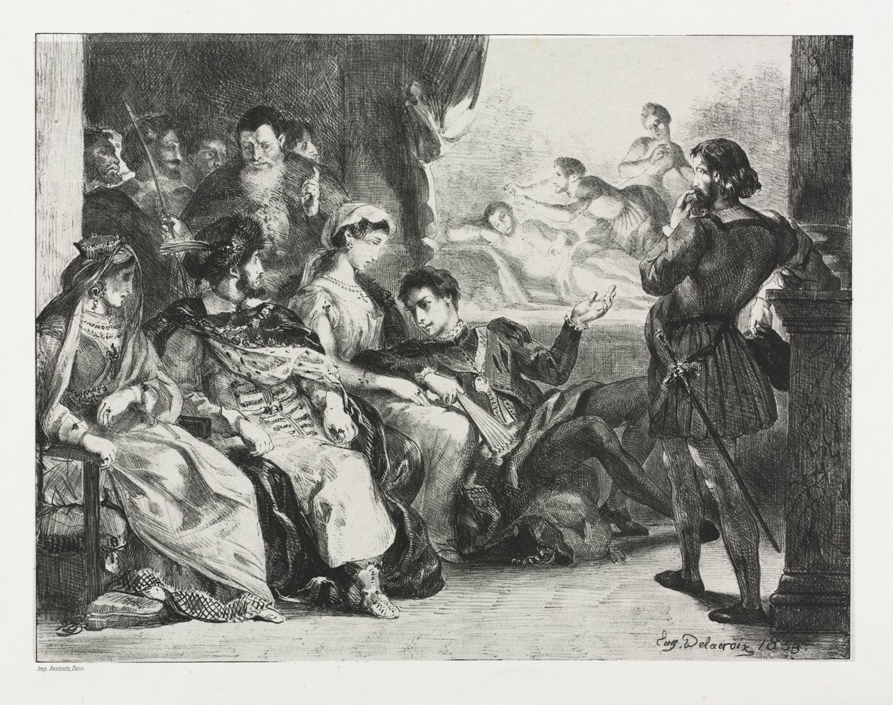 Hamlet: Hamlet befiehlt den Schauspielern, eine Szene aus der Vergiftung seines Vaters zu spielen von Eugène Delacroix