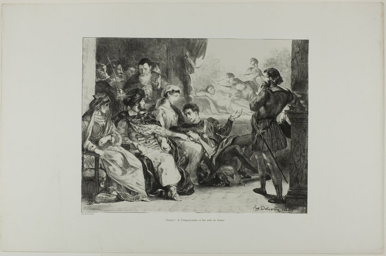 Hamlet lässt die Schauspieler die Vergiftung seines Vaters darstellen, Platte 7 aus Hamlet von Eugène Delacroix