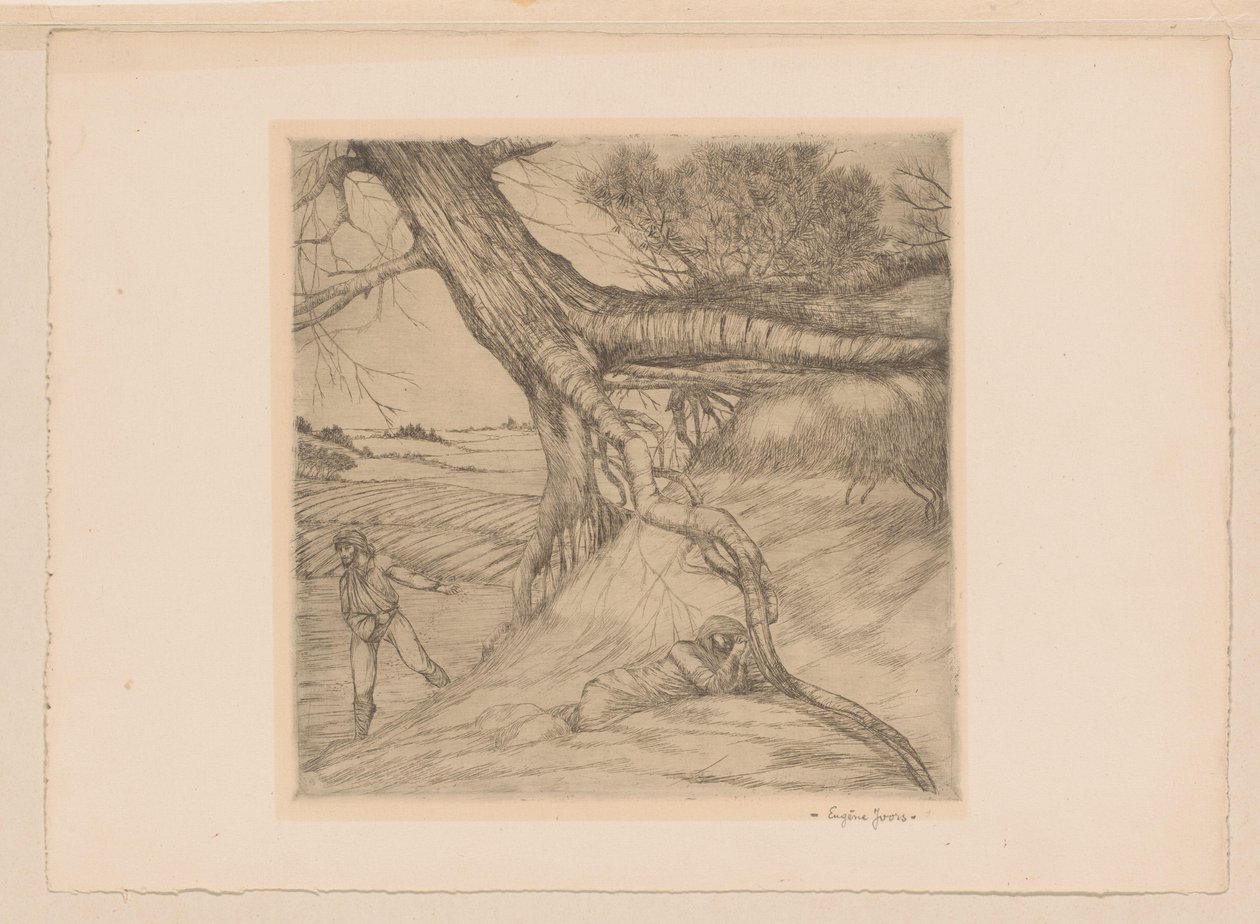 Sämann und liegende Figur mit gefalteten Händen in einer Landschaft von Eugène Joors (signed by artist)