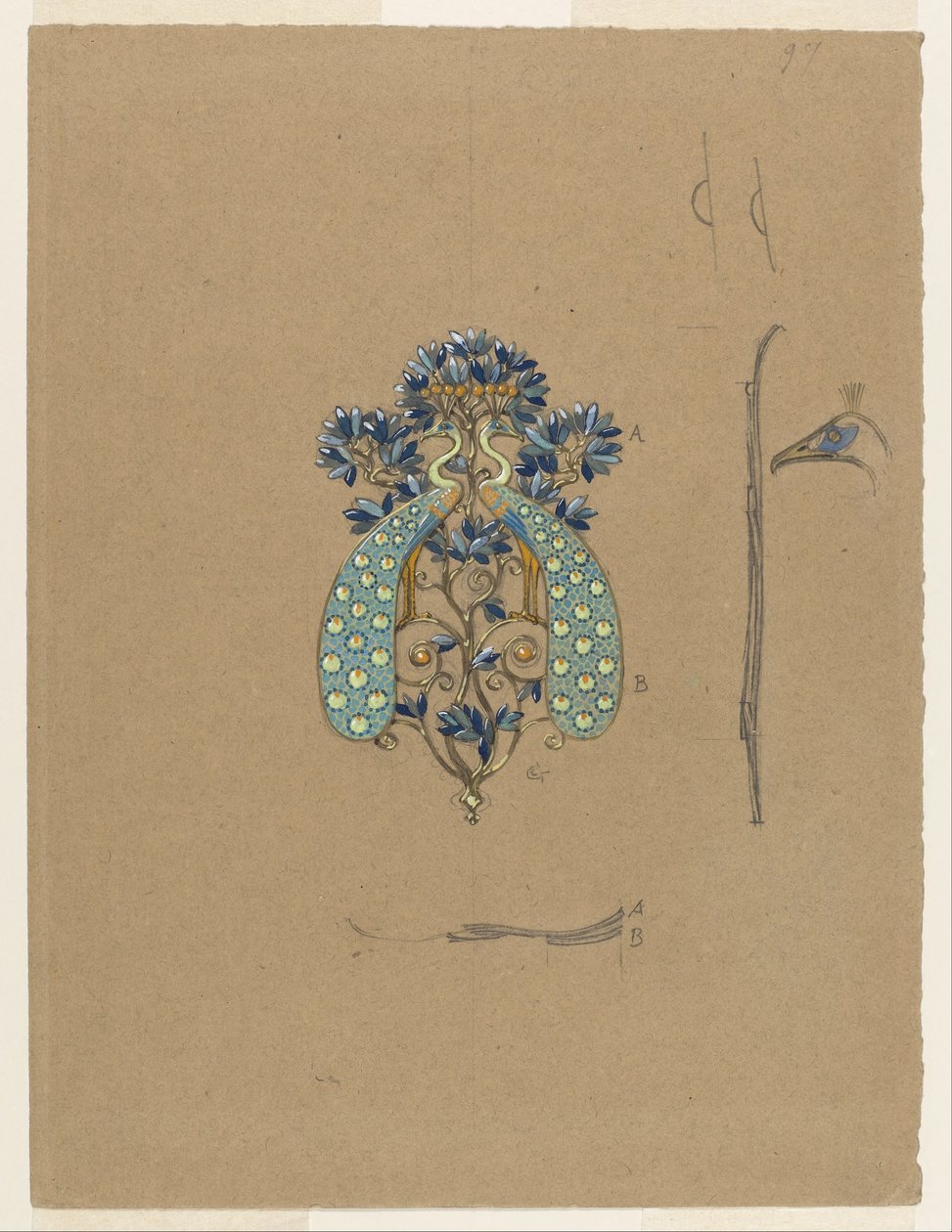 Entwurf für eine Gürtelschnalle mit Pfauenmotiv von Eugene Grasset
