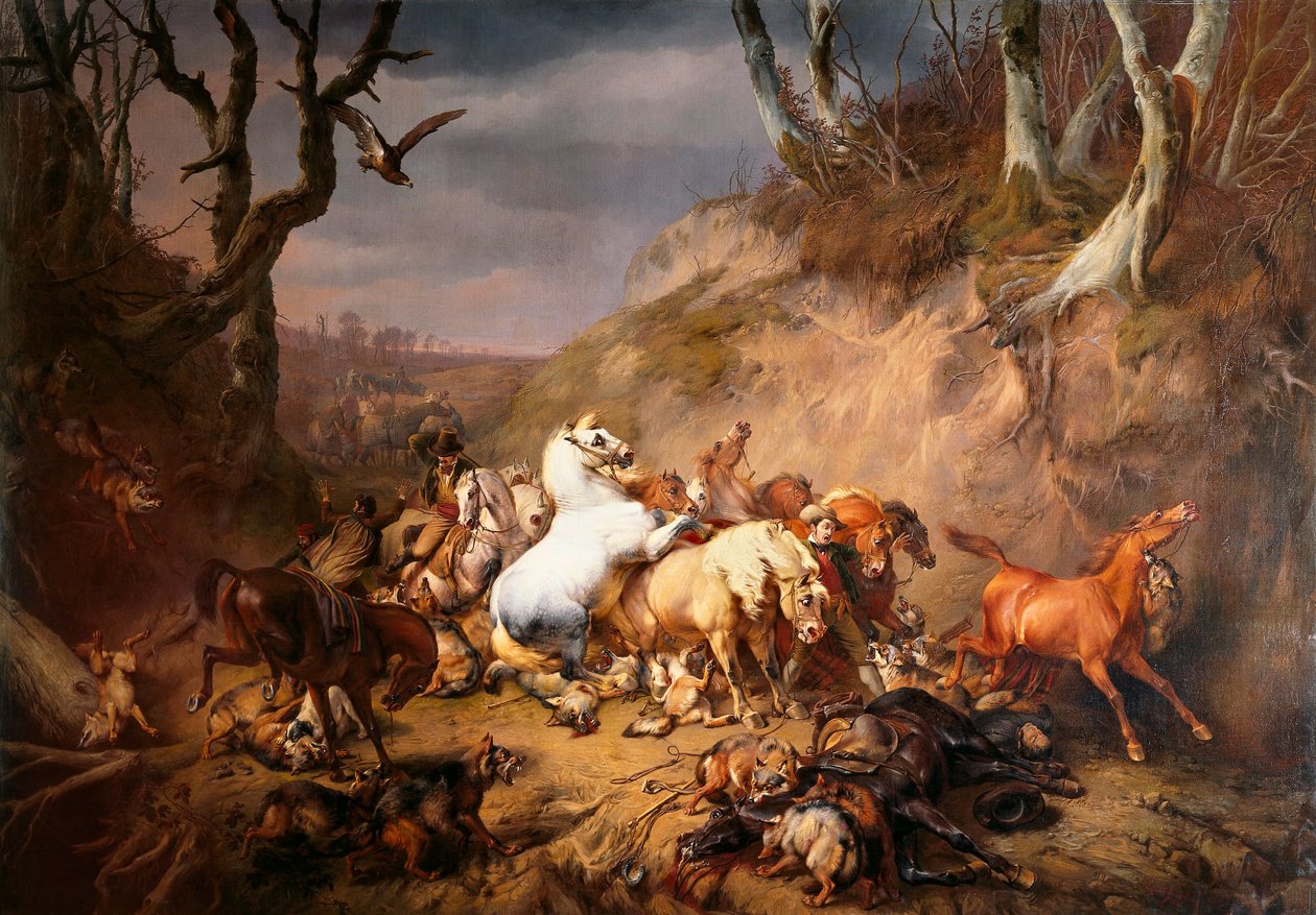 Hungrige Wölfe greifen eine Gruppe Reiter an von Eugène Verboeckhoven