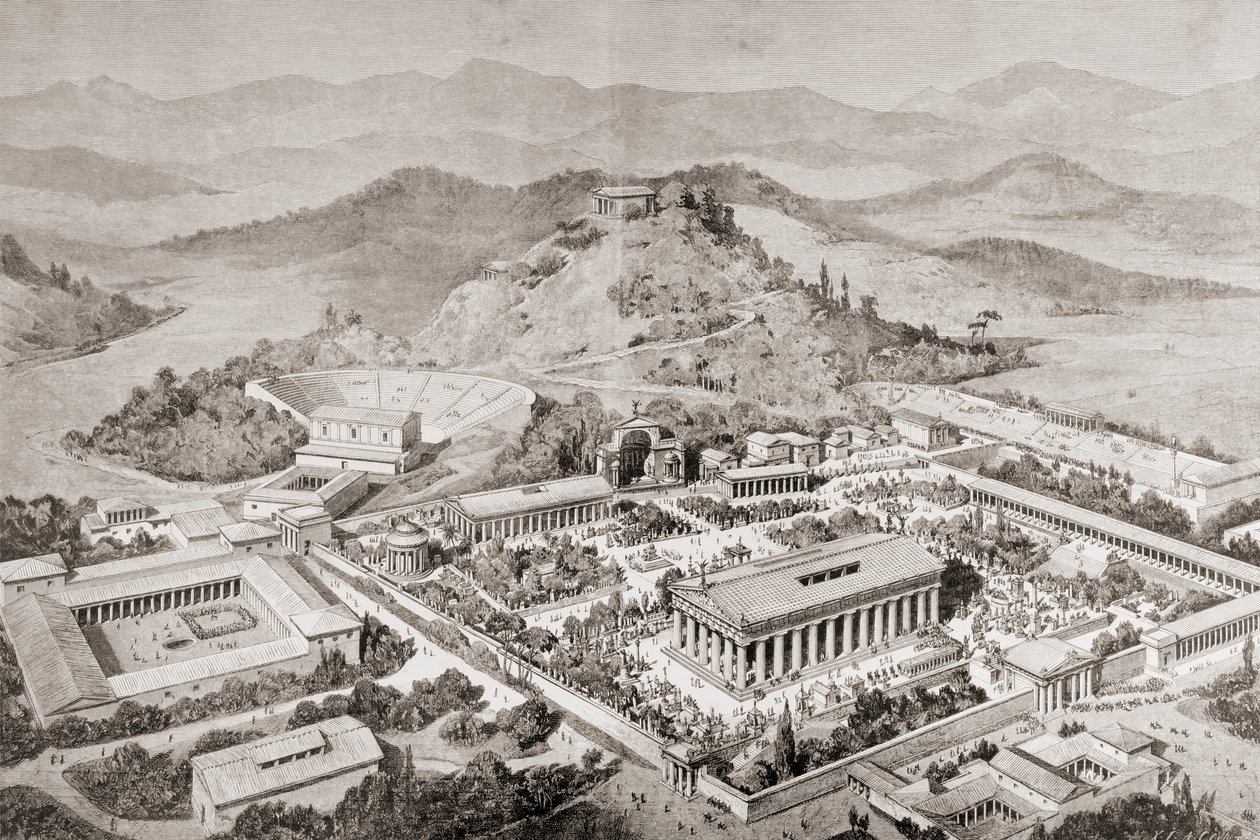 Künstlerische Darstellung von Olympia, Griechenland, zur Zeit der antiken Olympischen Spiele, aus 