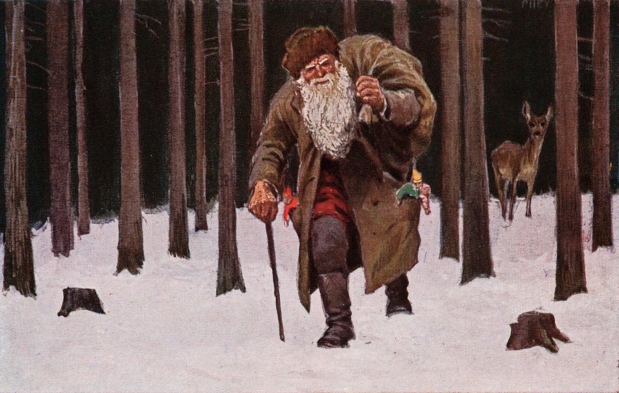 Weihnachtskarte, Weihnachtsmann stapft durch den Schnee mit Geschenkesack, Hirsch im Hintergrund von European School