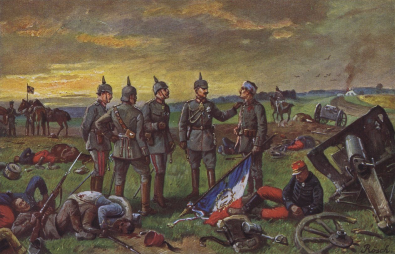 Deutsche Soldaten auf dem Schlachtfeld nach einem Sieg über die Franzosen, Deutsch-Französischer Krieg von European School