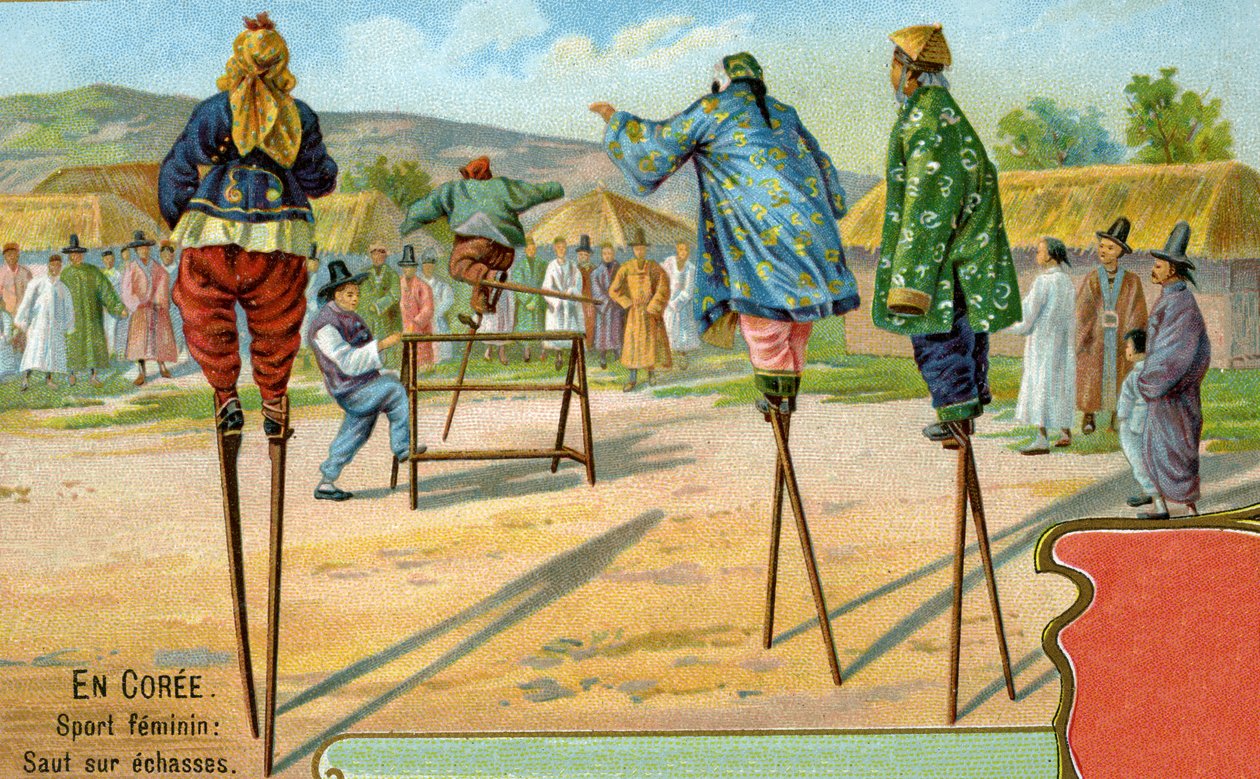 Koreanische Frauen auf Stelzen beim Hürdenspringen, 1904 von European School