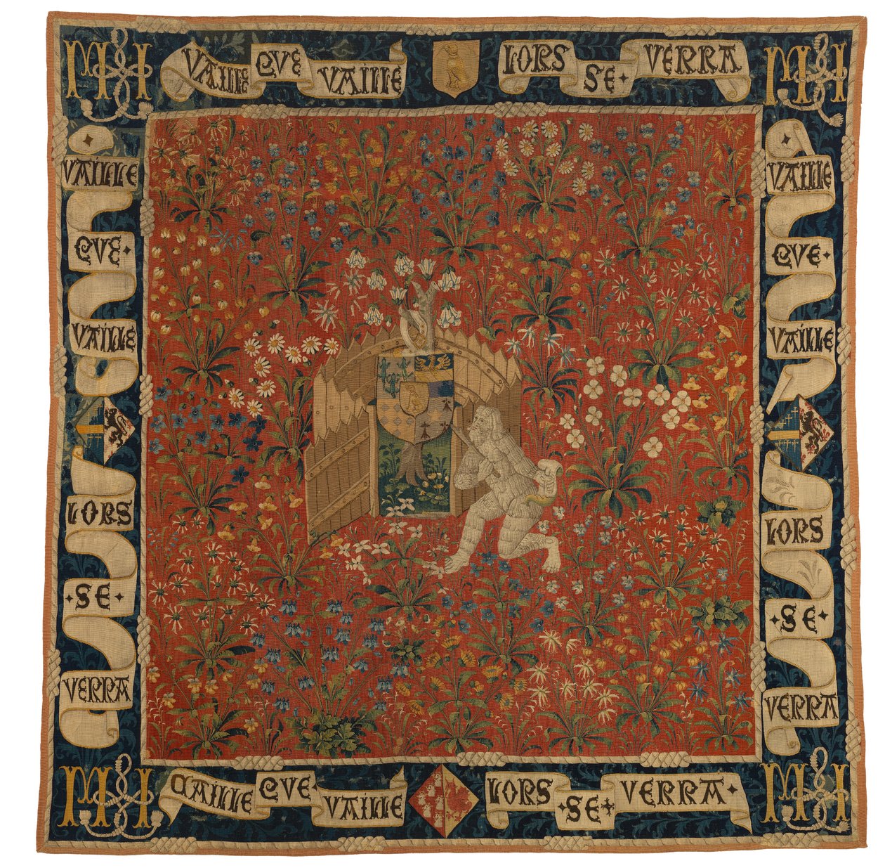 Mille fleurs Wandteppich, der Grün, Wappen und einen wilden Mann darstellt, ca. 1500 (Wolle) von European School