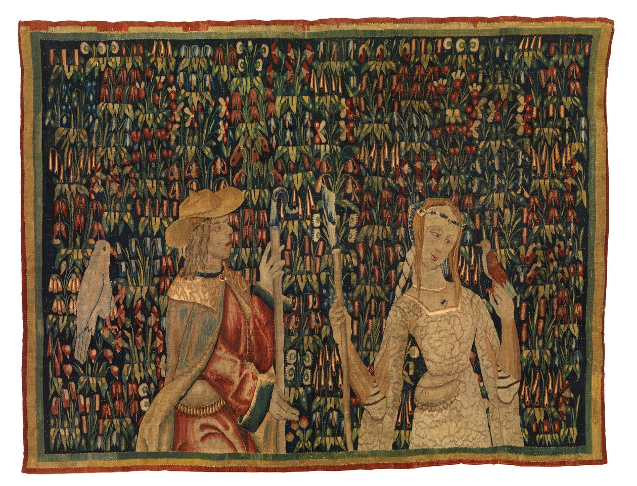Mille-fleurs-Wandteppichfragment, Darstellung von Schäfer und Schäferin oder Dame und Jüngling von European School