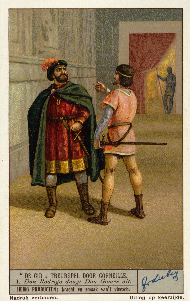 Szene aus der Tragödie Le Cid von Paul Corneille: Don Rodrigue fordert Don Gomes, den Vater von Chimene, heraus (Chromolithografie) von European School