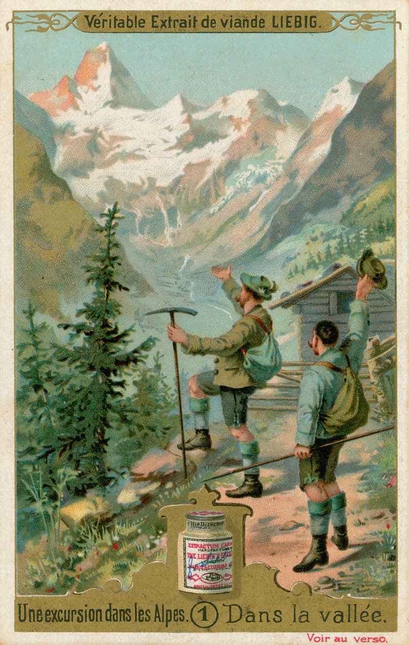 Szene von einem Ausflug in die Alpen: im Tal (Chromolithografie) von European School