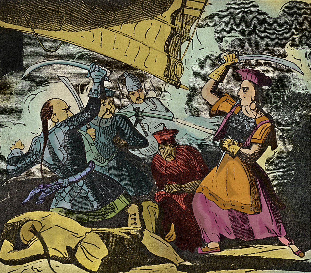 Shing Shi oder Ching Shih (gestorben 1844). Chinesische Piratenfrau des 19. Jahrhunderts. Sie kommandierte eine echte Flotte, mit der sie Admiral Kwo Lang besiegte. von European School