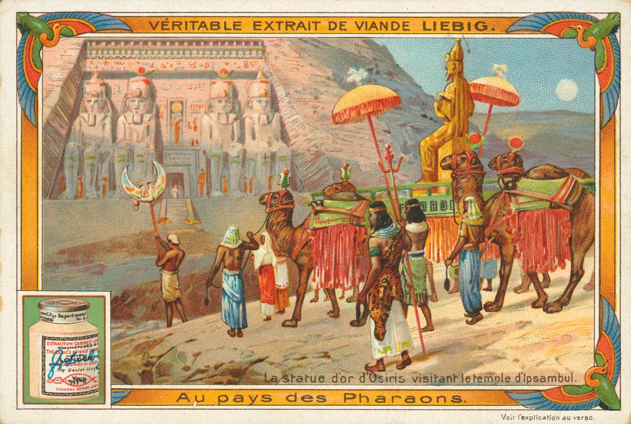 Statue des Osiris besucht den Tempel von Ipsambul, Liebig-Karte, frühes 20. Jahrhundert von European School