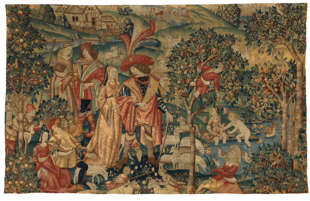 Wandteppich, der eine pastorale Szene mit Obsternte darstellt, oder Der Seigneur in seinem Park oder Ländliche Allianz und Obsternte, um 1500 (Wolle & Seide) von European School