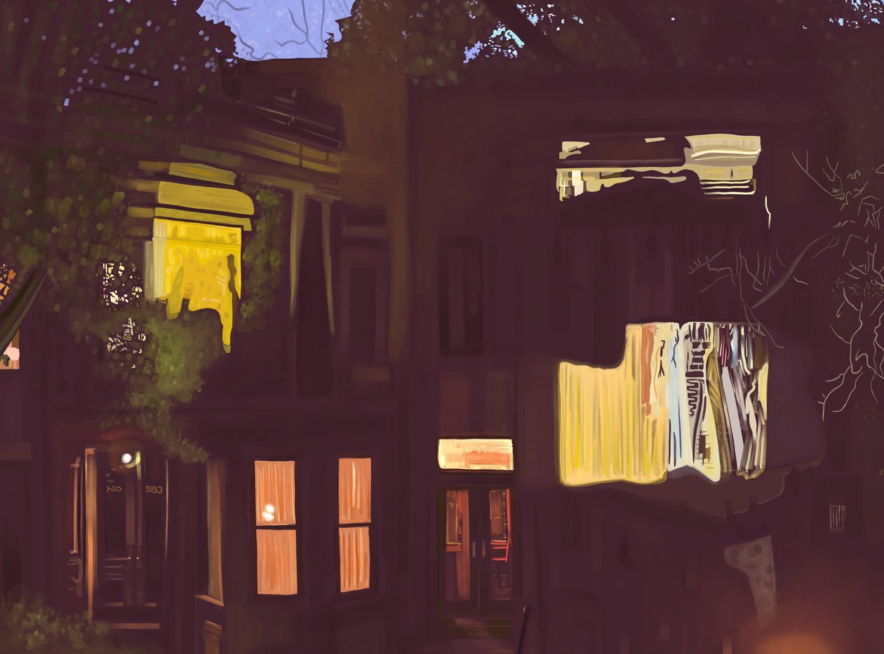 Brownstones bei Nacht, ca. 2020-24 von Evan Sklar