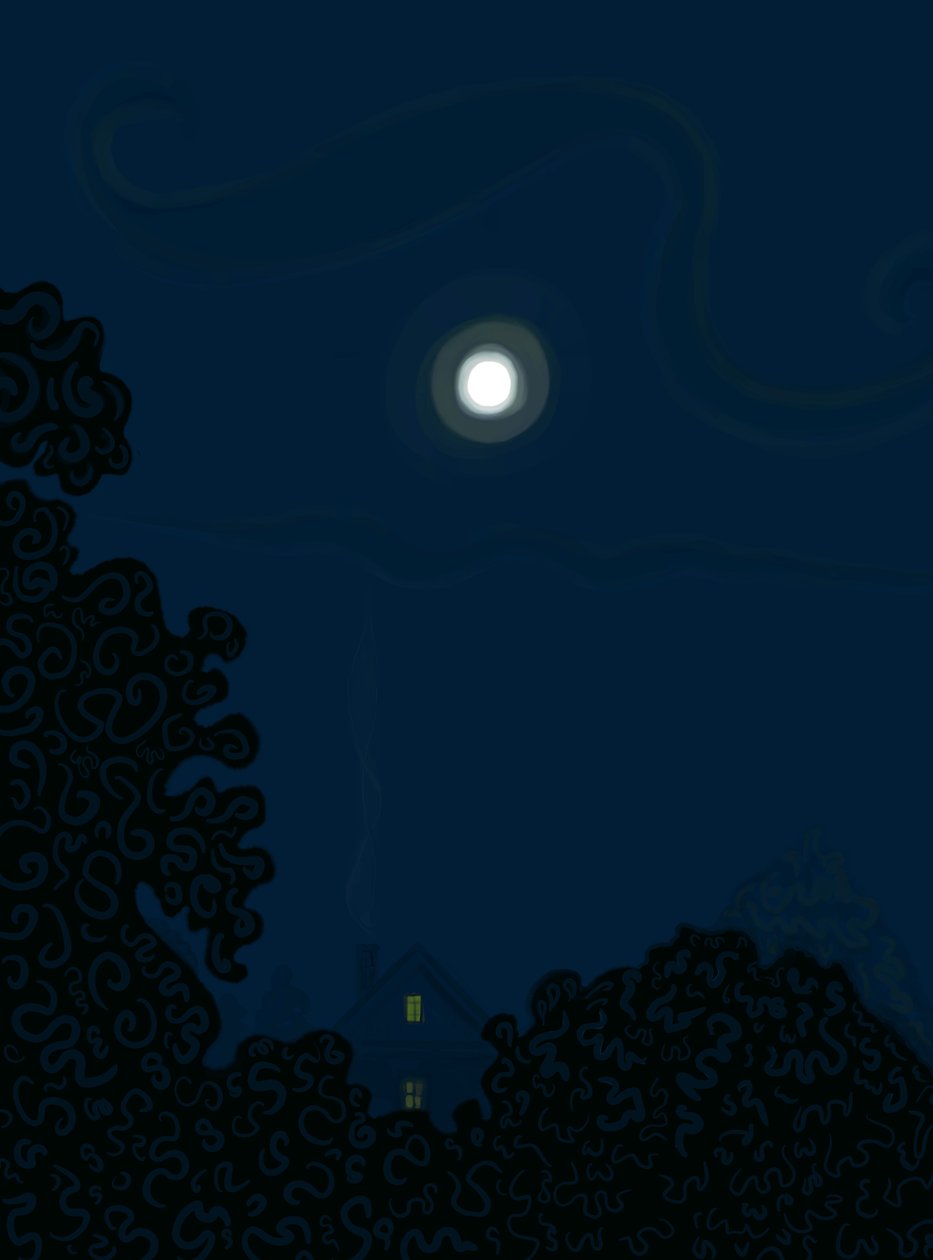 Haus mit Giebel und Mond bei Nacht, Schatten der Bäume von Evan Sklar