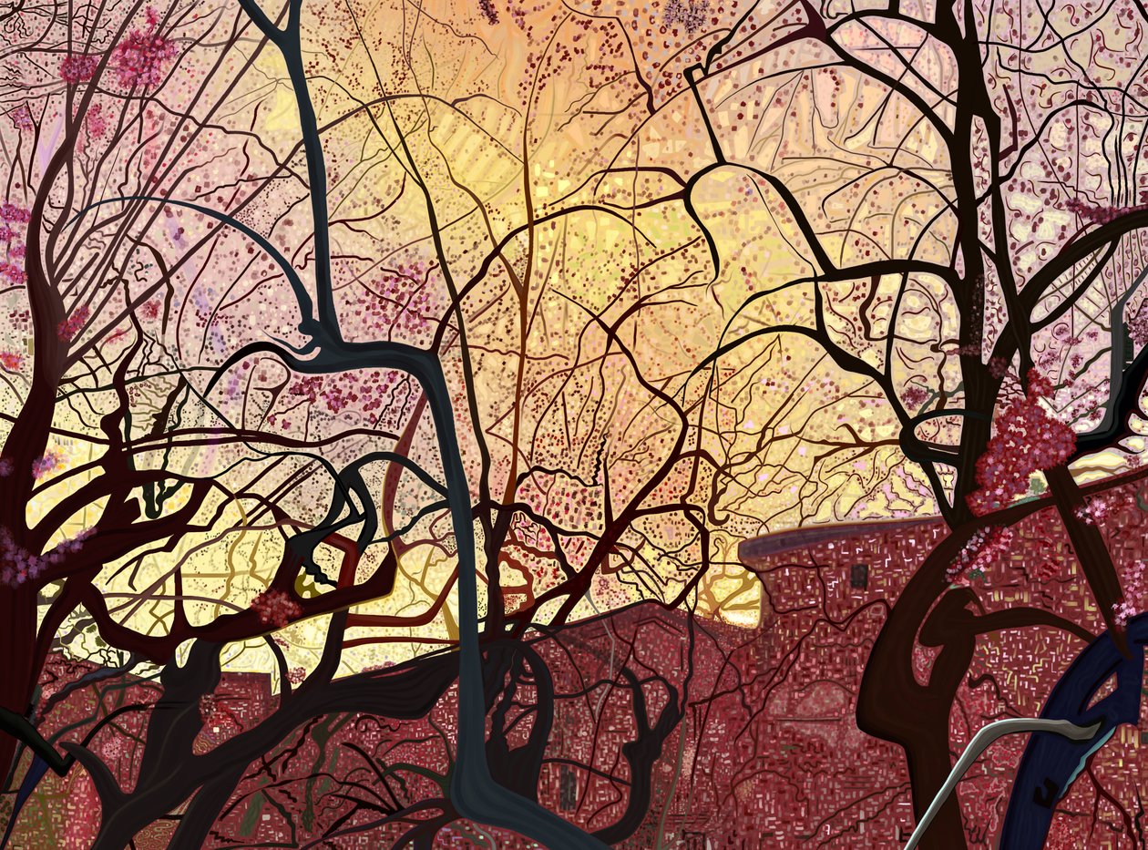 Oranger Himmel, Gebäude und Bäume im Frühling von Evan Sklar