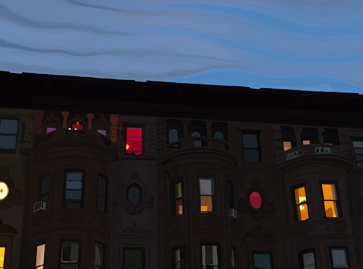 Reihenhäuser mit bunten und beleuchteten Fenstern, Brooklyn von Evan Sklar