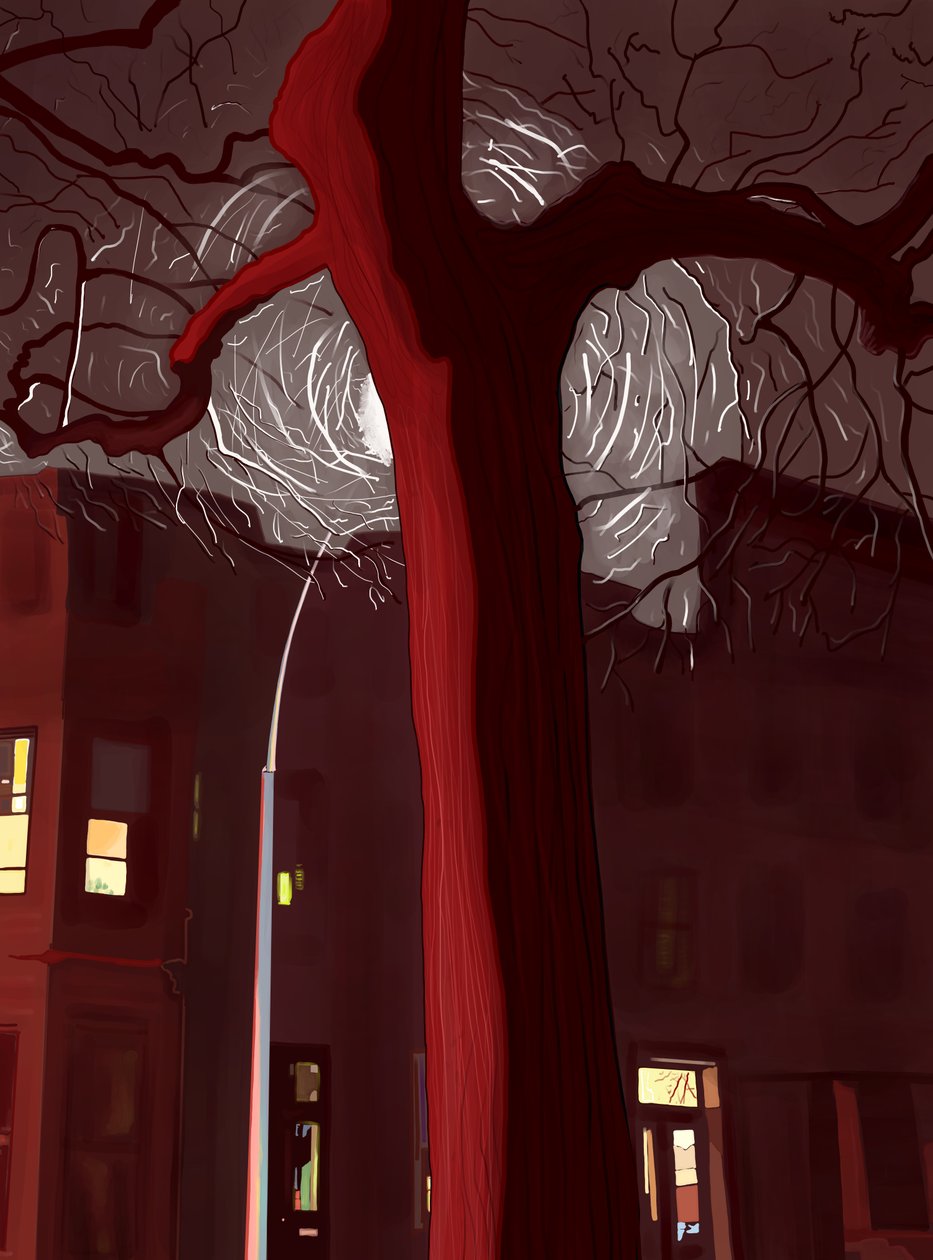Straße und Baum bei Nacht beleuchtet von Sirenen und Straßenlaterne von Evan Sklar