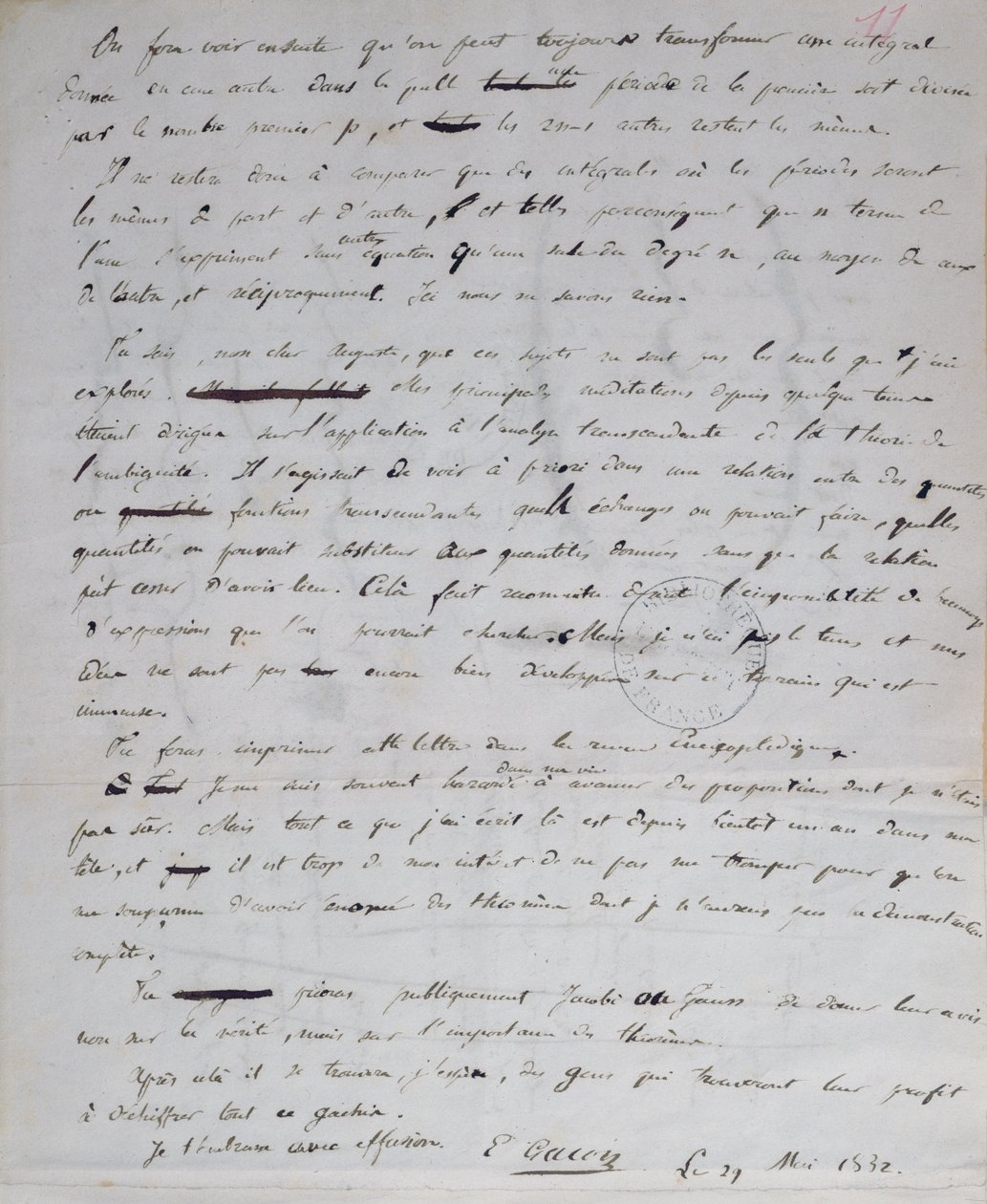Ms 2108 fol.11r Brief von Gallois an Auguste Chevalier, 29. Mai 1832 von Evariste Gallois