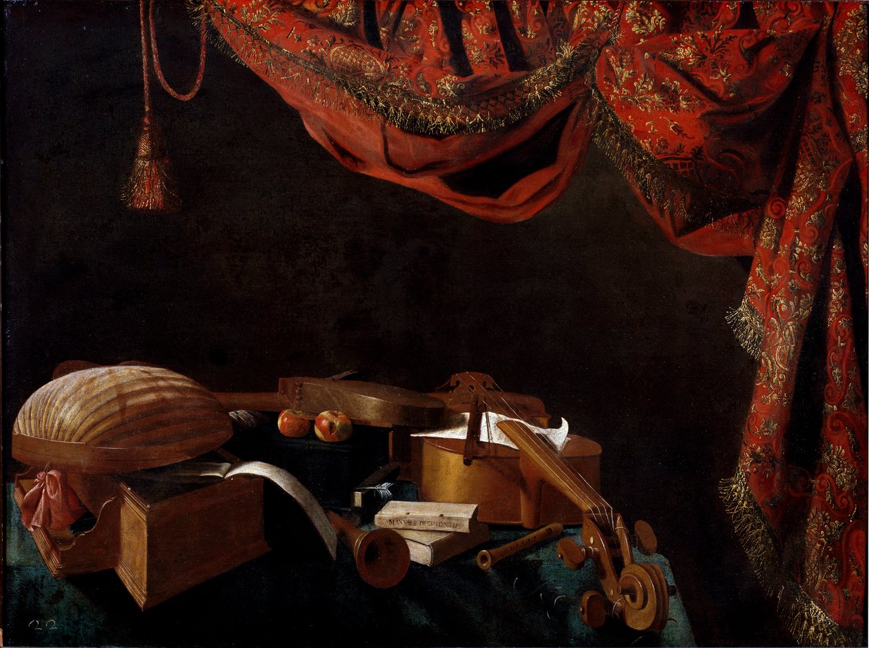Stillleben mit Musikinstrumenten und Büchern von Evarista Baschenis von Evaristo Baschenis