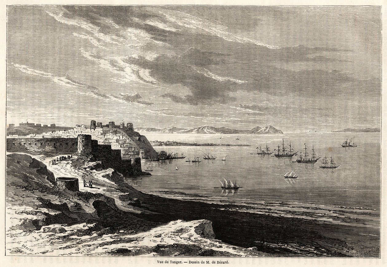 Ansicht von Tanger (Marokko), Zeichnung von Evremond de Berard (1824-1881), zur Illustration der Reiseberichte von M.F. Schickler nach Marokko. Gravur in „Le tour du monde, nouveau journal des voyages“ Paris von Evremond de (after) Berard