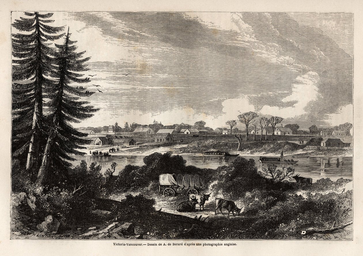 Ansicht von Victoria-Vancouver, Hauptstadt von British Columbia, Zeichnung von Auguste de Berard, zur Illustration der Erkundung der Rocky Mountains 1857-59 durch Captain John Palliser. Gravur in "Le tour du monde, nouveau journal des voyages" Paris von Evremond de (after) Berard