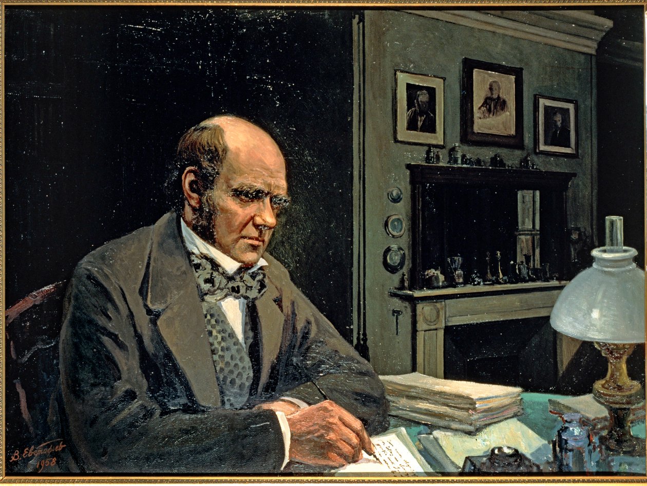 Charles Darwin, britischer Naturforscher und Evolutionswissenschaftler, bei der Arbeit in seinem Arbeitszimmer von Evstafieff Evstafieff