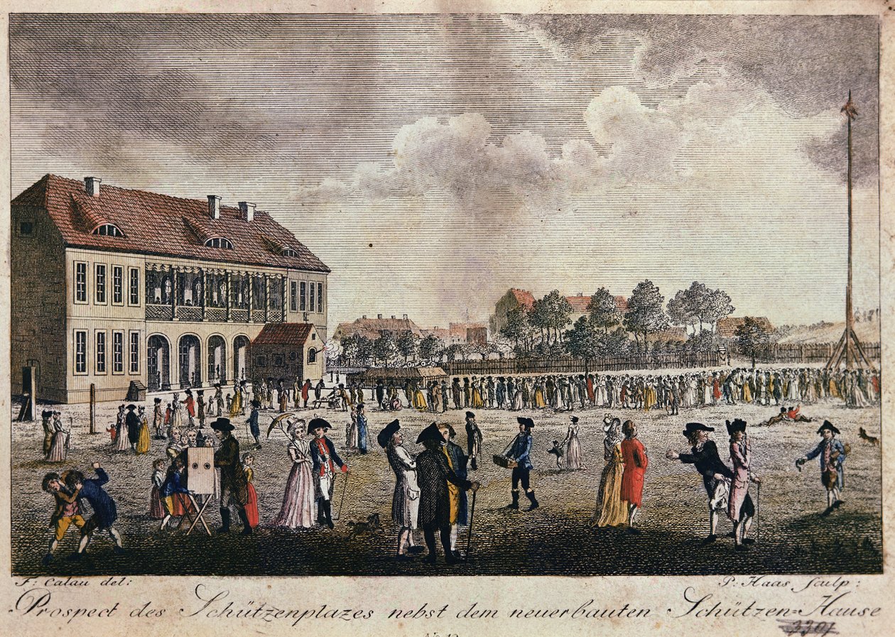 Ansicht des neu erbauten Klubhauses und Platzes, Berlin von F.A. Calau