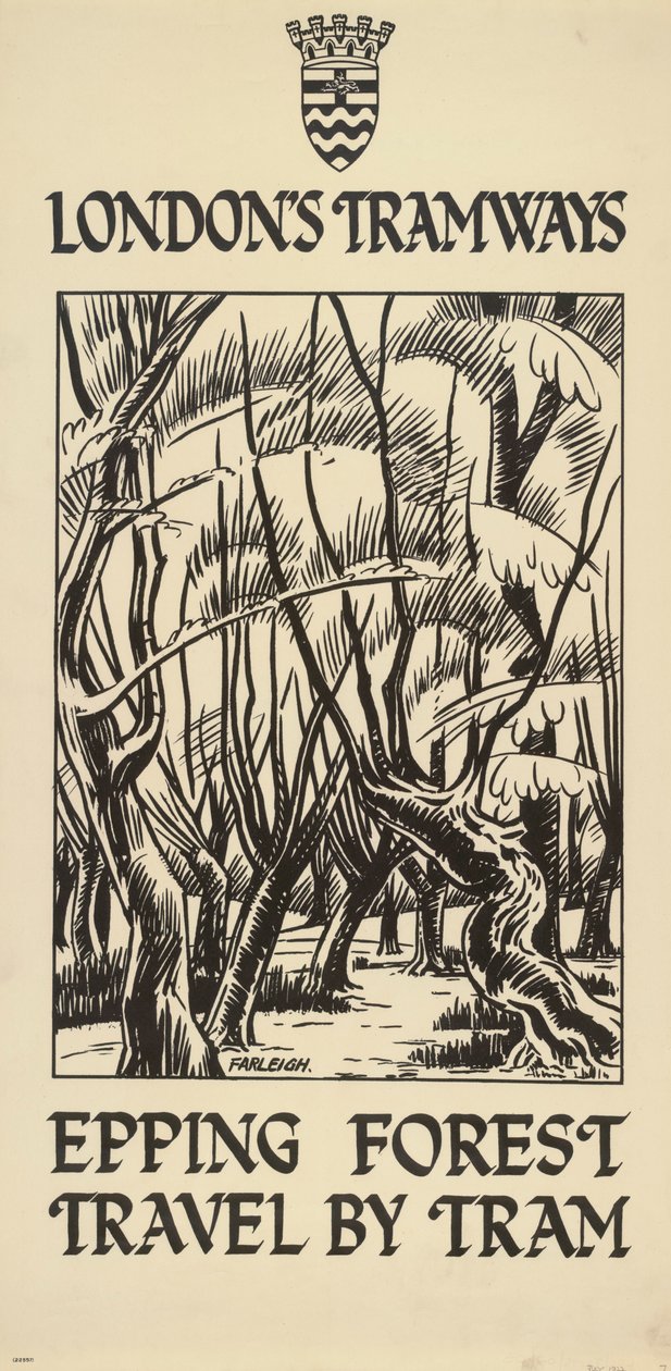 Epping Forest, Reisen mit der Straßenbahn, London County Council LCC Straßenbahnplakat, 1922 von FW Farleigh