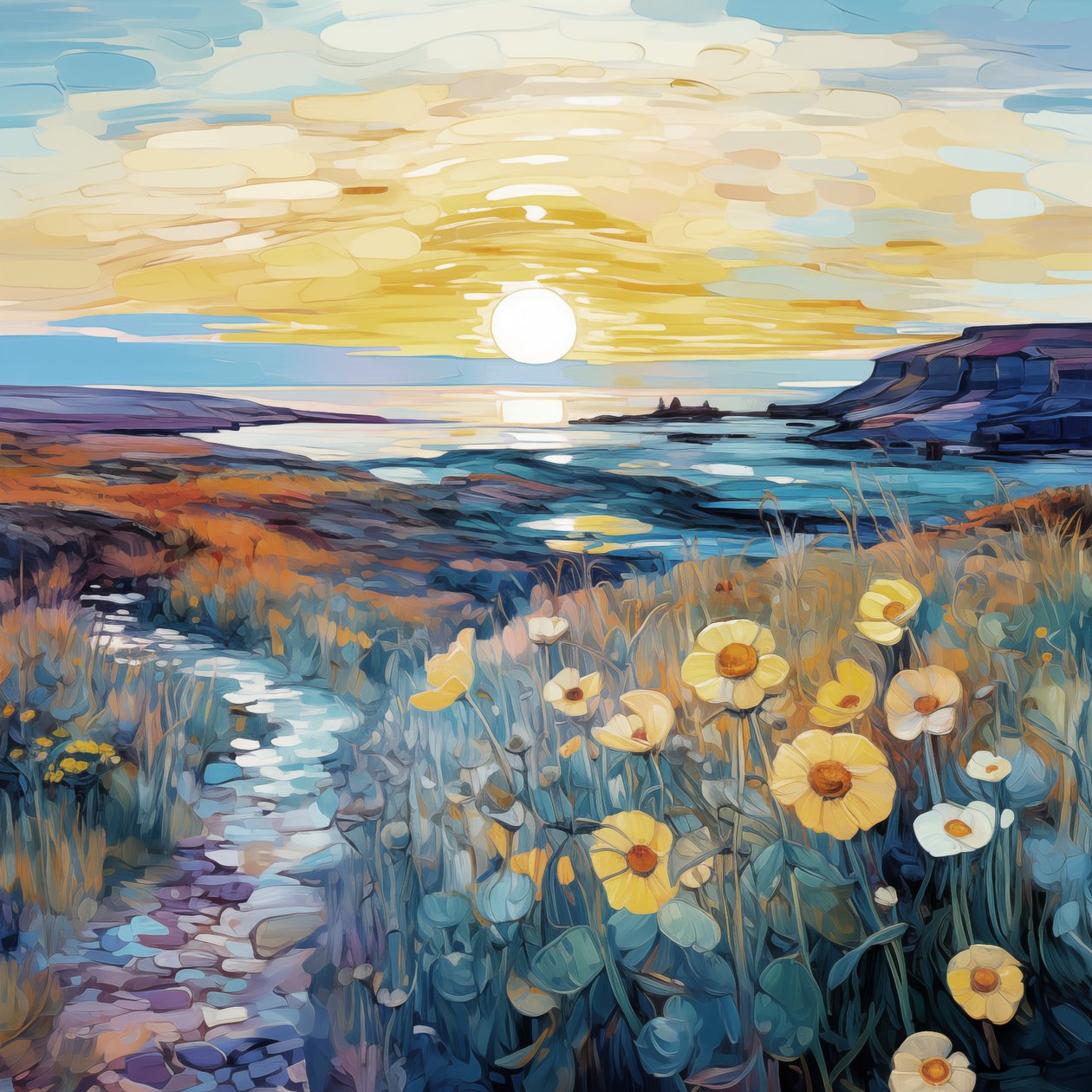 Abstrakte lila Blumen in Sonnenaufgangslandschaft von F. Abderrahim