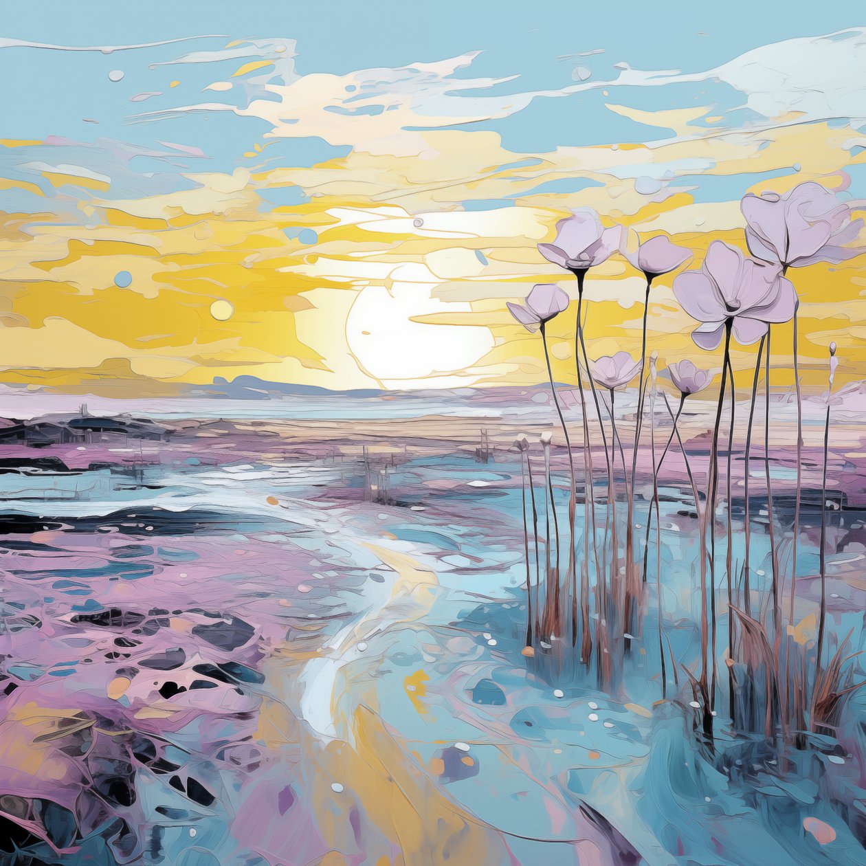 Abstrakte lila Blumen in Sonnenuntergangslandschaft von F. Abderrahim