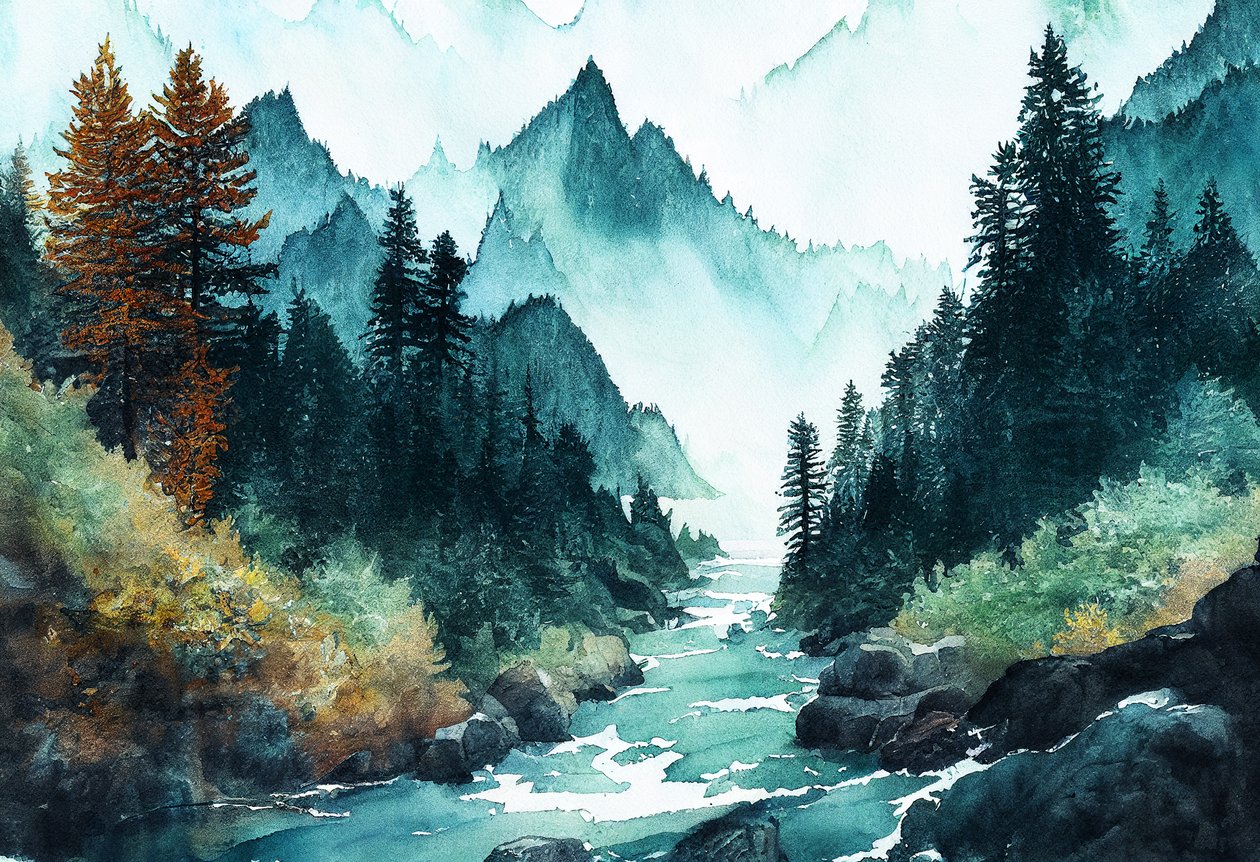 Fantasie-Ozeanseite, Alpenwald mit Flüssen und Hügeln von F. Abderrahim