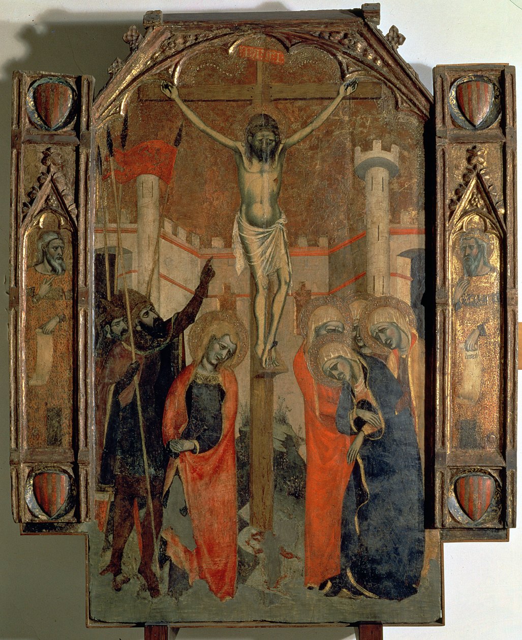 Die Kreuzigung, oberer Teil des zentralen Panels des großen Altarbildes von Almudaina, fertiggestellt 1358 von F. Bassa and R. Destorrents
