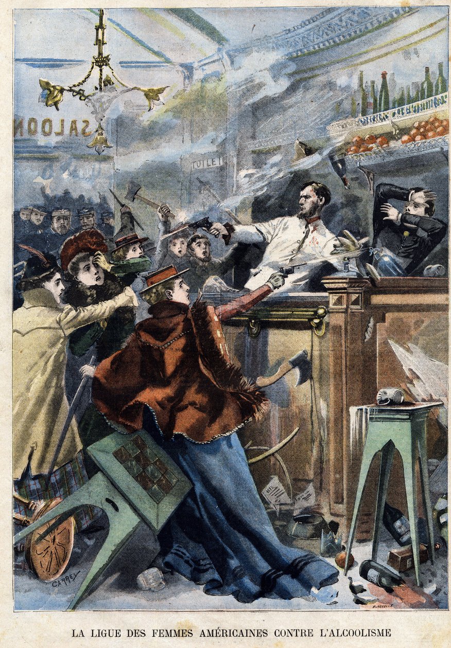 Amerikanische Frauenliga gegen Alkoholismus. In einem US-Saloon schießen Frauen mit Waffen auf Barkeeper von F. L & Carrey (fl.1900) Meaulle