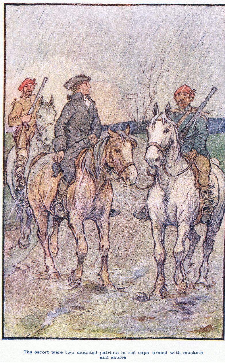 Die Eskorte waren berittene Patrioten in roten Mützen, bewaffnet mit Musketen und Säbeln von F. M. B. Blaikie