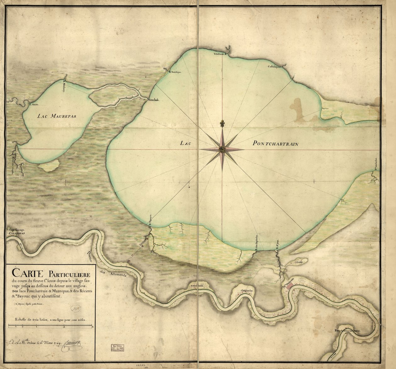 Spezialkarte des Verlaufs des St. Louis Flusses vom Wilden Dorf bis unterhalb des Detour aux Angloix, der Seen Pontchartrain & Maurepas und der Flüsse & Bayous, die dort münden von F. Saucier