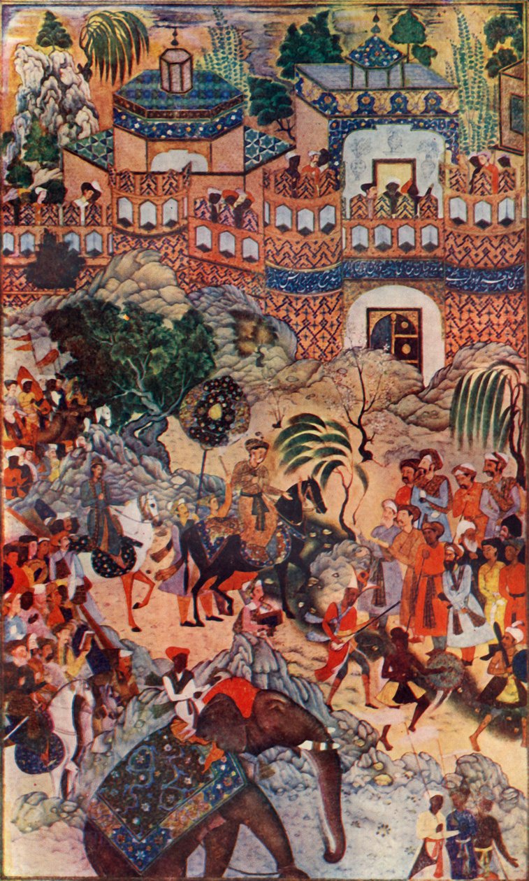 Der große Kaiser Akbar betritt seine Stadt in Staat, 1572, 1590-1595, um 1930 von Farrukh Beg