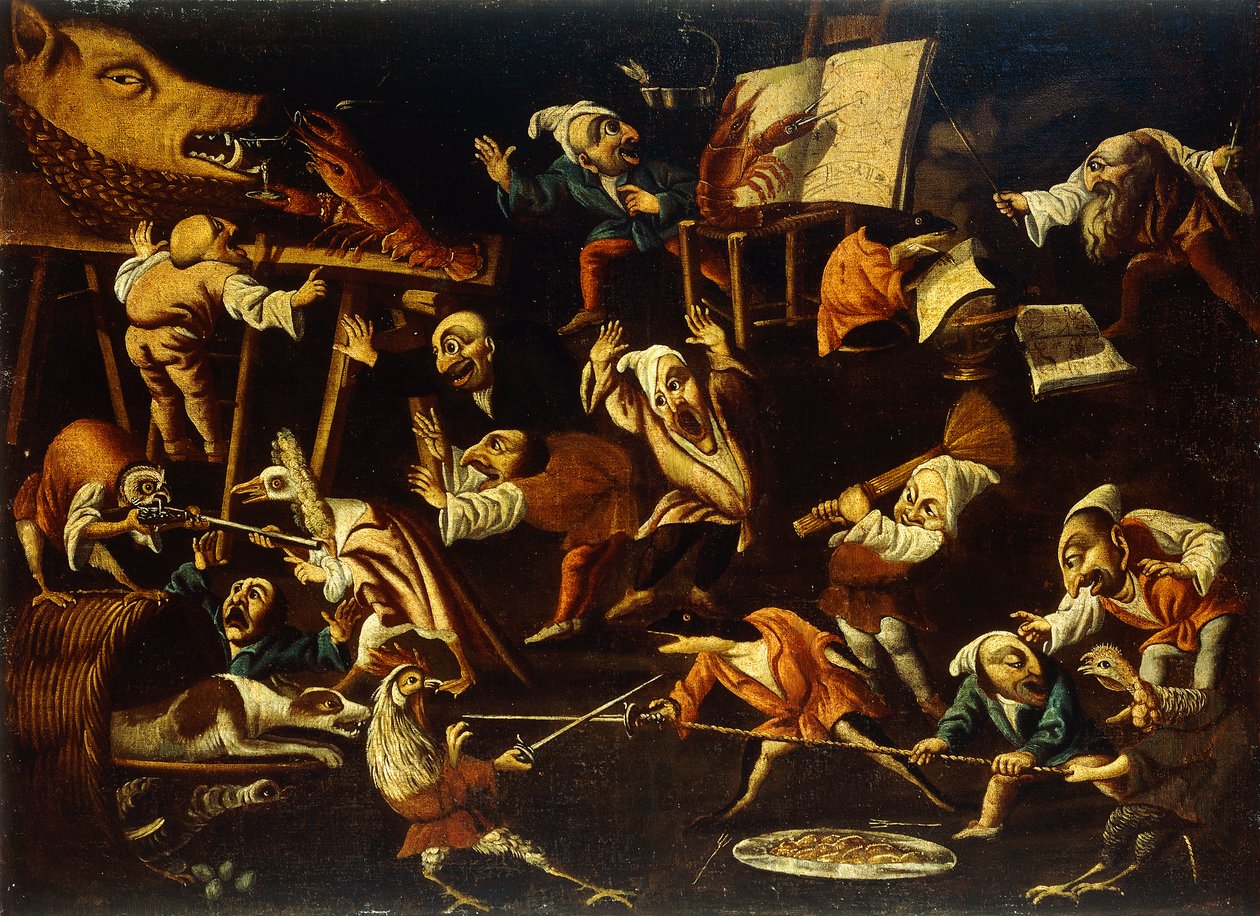 Imaginäre Tiere und Zwerge kämpfen, trinken und feiern von Faustino Bocchi or Boccasi