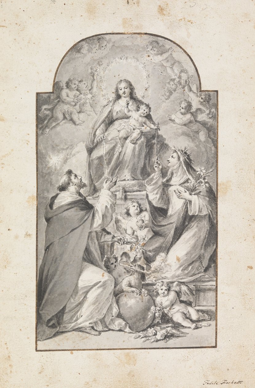 Entwurf für ein Altarbild - Heiliger Dominikus und Heilige Katharina von Siena erhalten den Rosenkranz von... von Fedele Fischetti