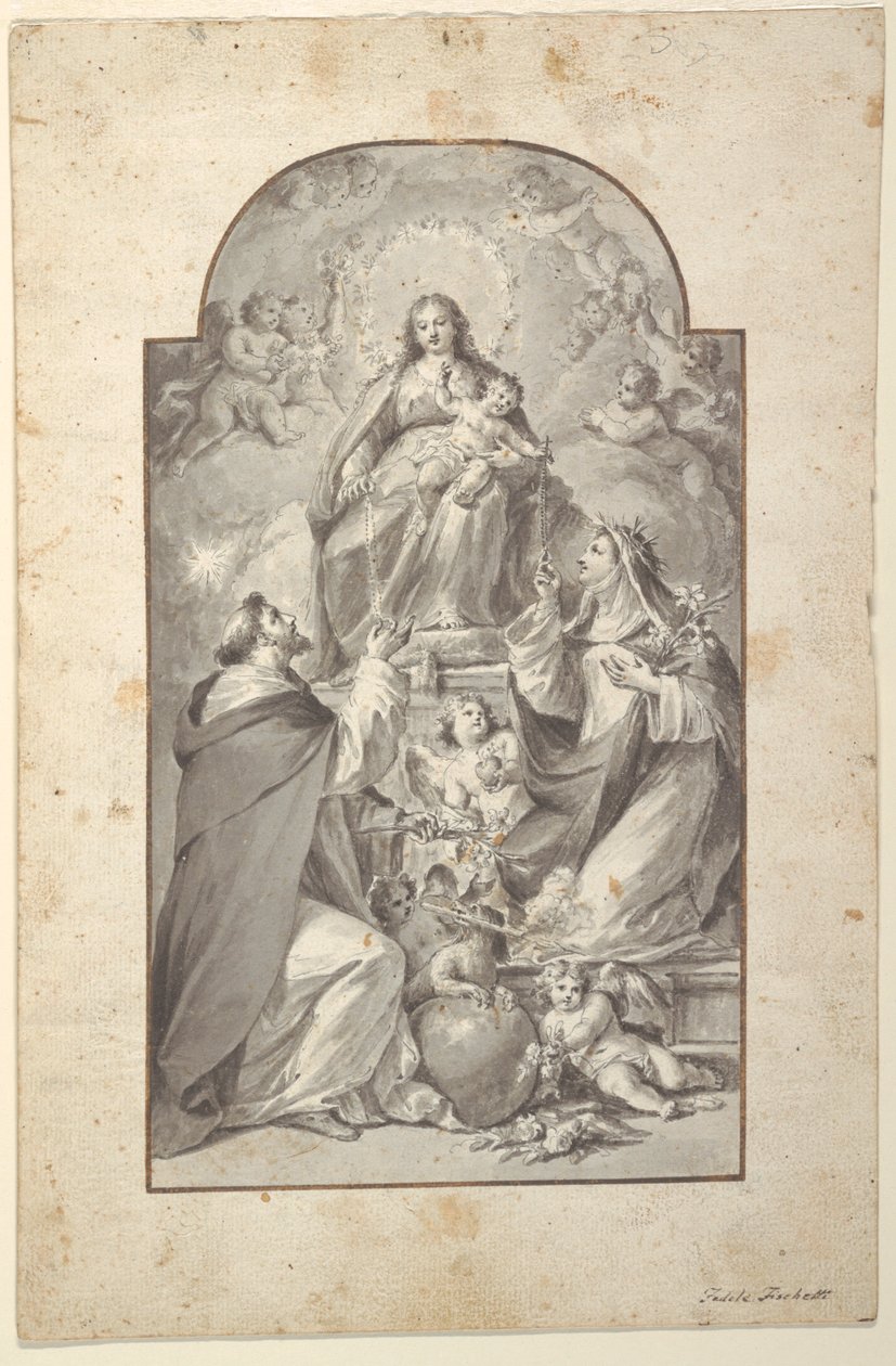 Entwurf für ein Altarbild, Heiliger Dominikus und Heilige Katharina von Siena erhalten den Rosenkranz von der Jungfrau und dem Kind von Fedele Fischetti