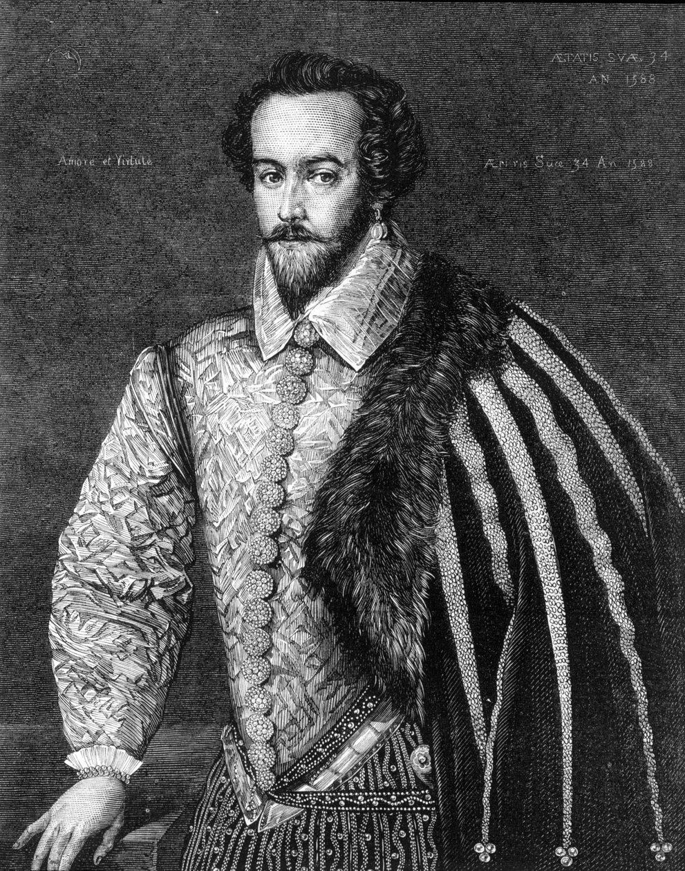 Porträt von Sir Walter Raleigh (1554 - 1618), englischer Navigator, Höfling und Schriftsteller. Gravur nach einem Gemälde, das Federico Zuccaro (oder Zuccari) (1549 - 1609) zugeschrieben wird, von 1588. von Federico (after) Zuccari or Zuccaro