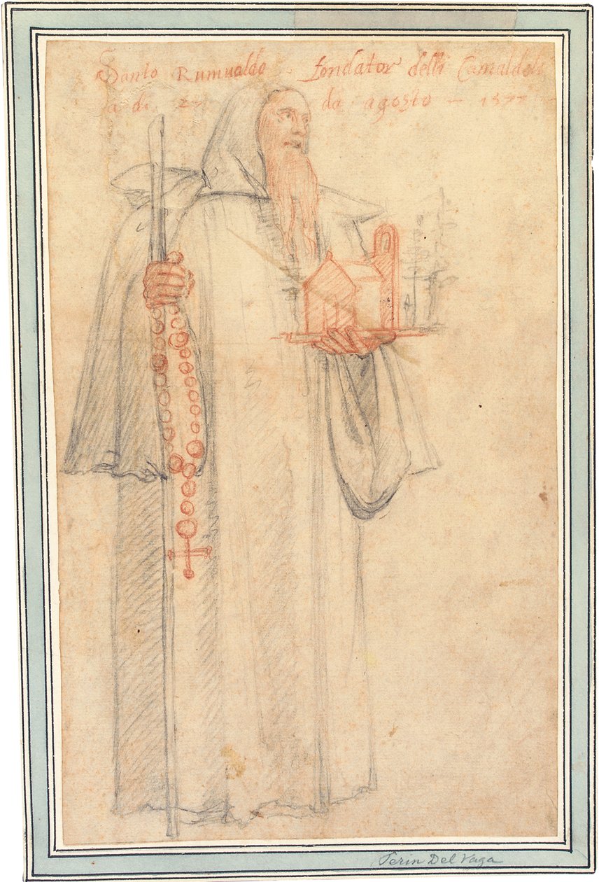 Fra Stefano, Prokurator der Kamaldulenser in Vallombrosa, als Heiliger Romuald, hält ein Modell einer Kirche und einen Rosenkranz, 1577 von Federico Zuccaro