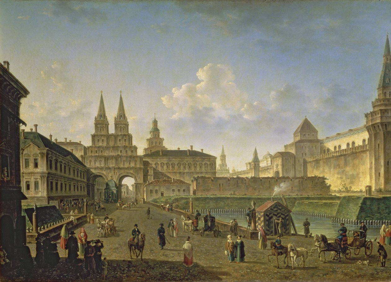 Ansicht der Voskresensky- und Nikolsky-Tore und der Neglinny-Brücke von der Tverskaya-Straße in Moskau, 1811 von Fedor Yakovlevich Alekseev