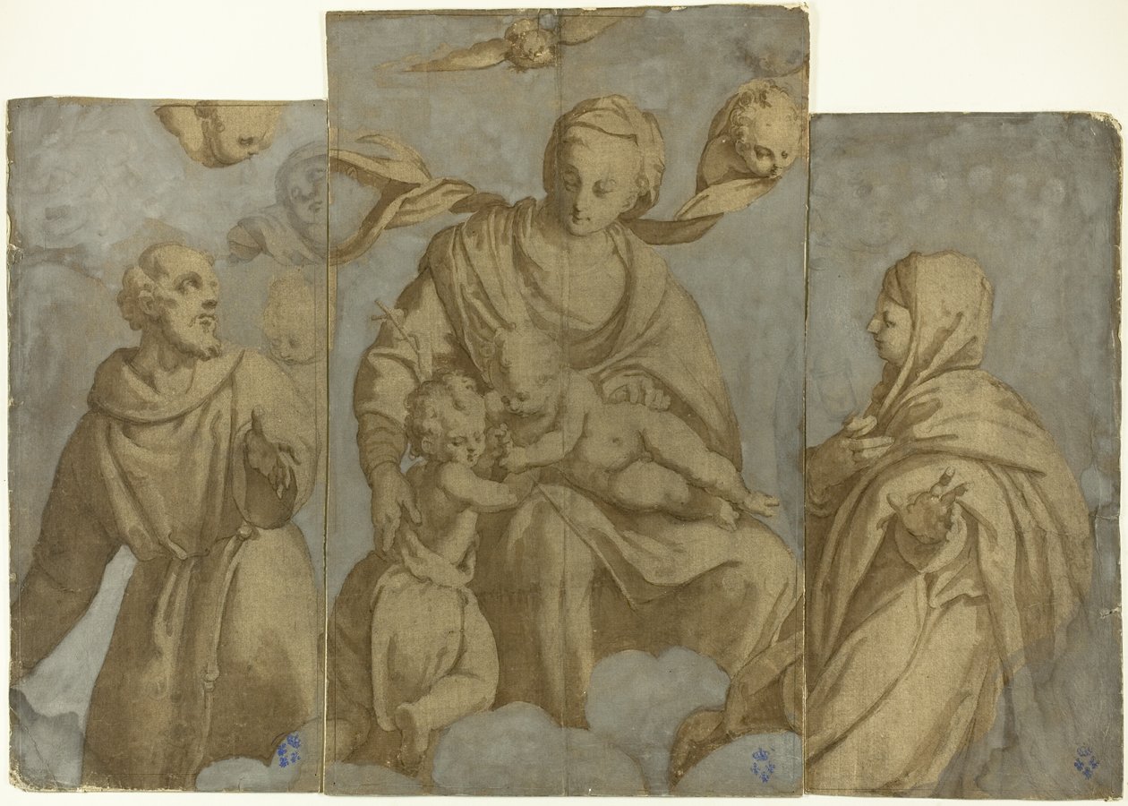 Jungfrau und Kind mit dem kleinen Johannes dem Täufer und den Heiligen Franziskus von Assisi und Klara von Felice Brusasorci