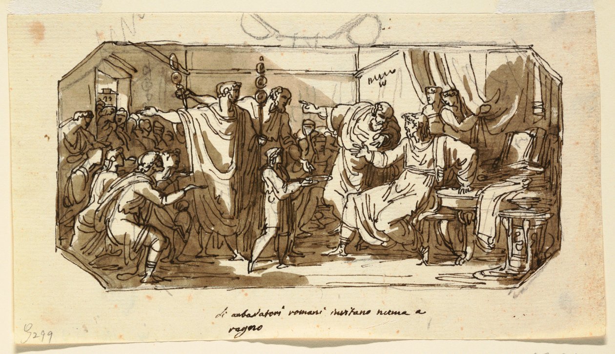 Zeichnung, Deckendesign: Römischer Botschafter bittet den Sabiner Numa Pompilius, über Rom zu herrschen, Sala di Numa Pompilio, Palazzo Milzetti, Faenza, 1802–1805 von Felice Giani